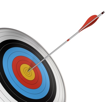 official competition target with a red arrow hitting the center. Angle of page, 3d render isolated over white background. official competition target with a red arrow hitting the center. Angle of page, 3d render isolated over white background.