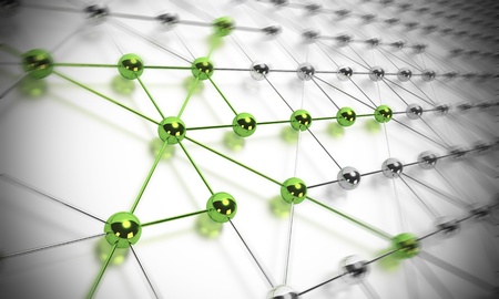 many balls linked together and composing a network, some shpres are green and others are made in...