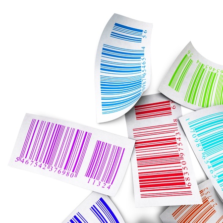 multicolored bar codes over a white background border angle of a page top viewの写真素材