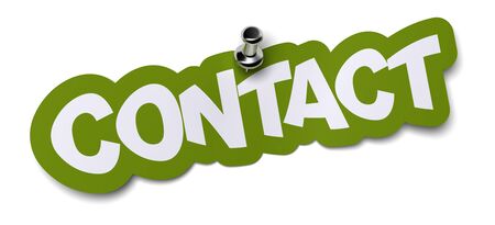 contact word written on a green sticker. Label is fixed onto a white wall by using a thumbtackの写真素材
