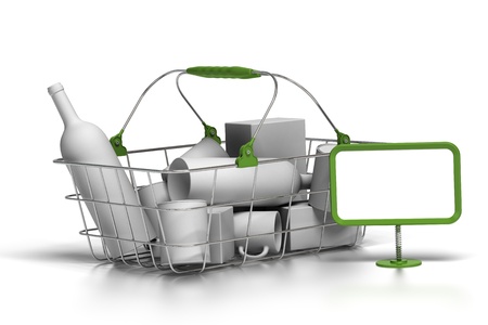 metal basket with white goods inside, 3d render, green plastic parts and blank sign, white backgroundの写真素材