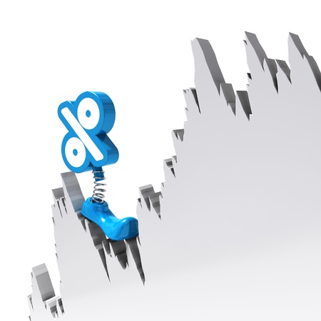 percent symbol with one foot and a spring climbing onto a moutain chart white backgroundの写真素材