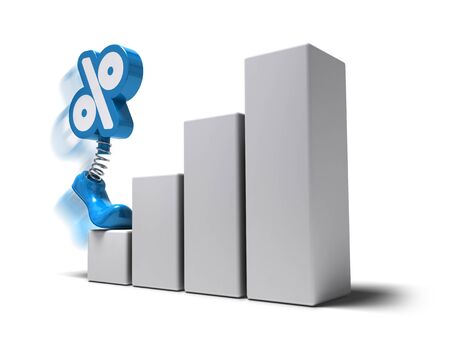 percent symbol with one foot and a spring jumping onto a barchart white backgroundの写真素材