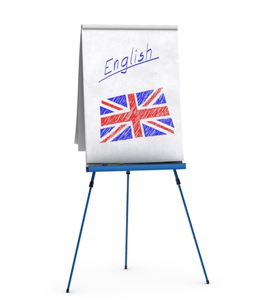 flipchart with the word english handwritten onto the paper and union jack flagの写真素材