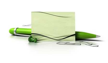 blank eco friendly business card with green ballpoint pen, thumbtack and paperclips over white backgroundの写真素材