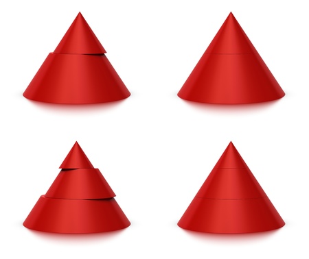 3d conical shape sliced, red pyramid 2  two  or 3  three  levels, white background and reflection の写真素材