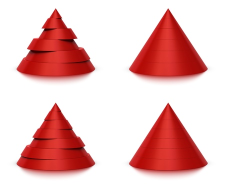 3d conical shape sliced, red pyramid 6  six   or 7  seven  levels, white background and reflection の写真素材