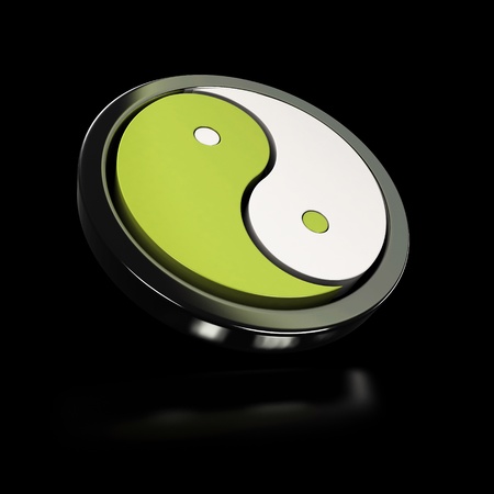 green and white yin yang symbol over black background with reflectionの写真素材