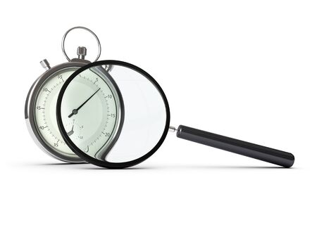 stopwatch and magnifying glass over white background, concept of performance analysisの写真素材
