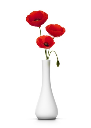 three cut poppies into a vase, white background, decor element three cut poppies into a vase, white background, decor element