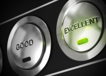 excellent button pressed with light of a green led, there is also a good button viewable, symbol of excellence の写真素材