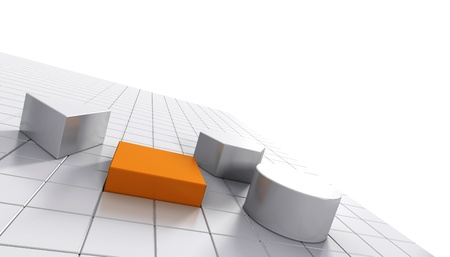 one orange cublical shape entering inside a square hole there is 3 different white 3d gemetrical shapes around, image with perspective over white background  の写真素材