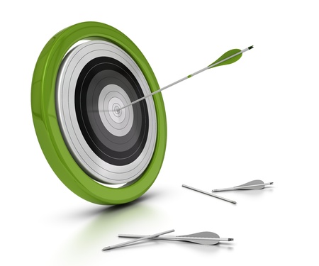 target and arrows concept, one arrow hitting the center of objective and two other one failed to achived they objective, white background target and arrows concept, one arrow hitting the center of objective and two other one failed to achived they objective, white background