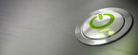 computer power button, pc on off switch with green light and led, horizontal banner, blur effect の写真素材