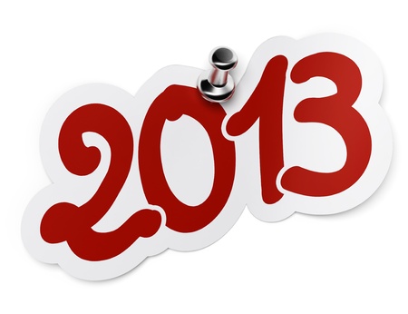 2013 red sticker fixed onto a white background by using a thumbtack 
