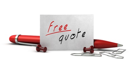Free quote message handwritten onto a white business card, there is a ball point pen, paperclips and thumbtackの写真素材