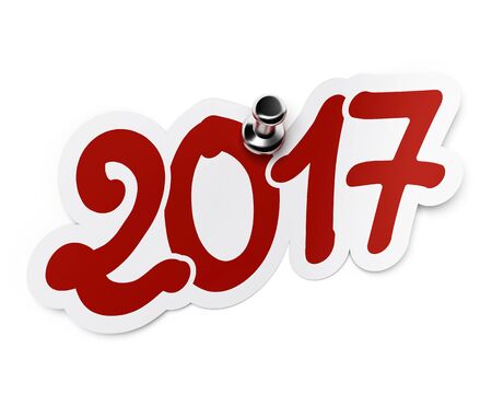 2017  two thousand seventeen  red sticker fixed onto a white background by using a thumbtack 