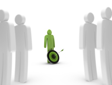 one character standing out from the crowd, with one target in front of him arrow hit the center of the target, the white characters are blurry, concept of talent or leadershipの写真素材