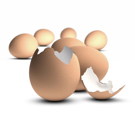 One open egg and many whole eggs, white background, concept of uniqueness の写真素材