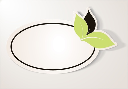 Realistic green eco friendly sticker over beige background  The label contains three leaves, two green and one brown leaf, oval shape  Design element for communication のイラスト素材