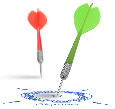 two darts on a white background, concept for success and reach a target, one dart reach itの写真素材