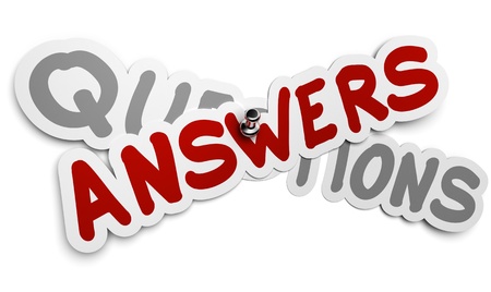 One answer sticker fixed by using a thumbtack over a grey word questions, white background, FAQ conceptの写真素材