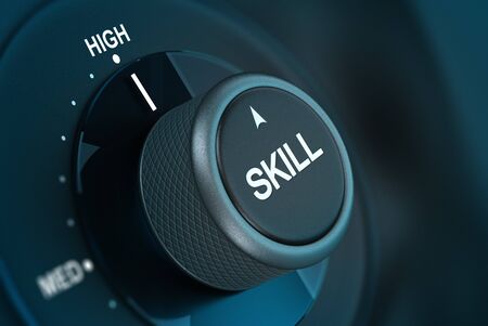 Word skill written on a button pointing on the word high 3D render over blue and black backgroundの写真素材