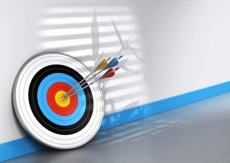 Office scene, one target and three arrows with different colors hitting the center, conceptual image for achieving teamwork objective の写真素材