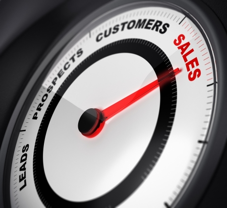 dial with red needle pointing on the word sales, concept image suitable for leads conversion purpose の写真素材