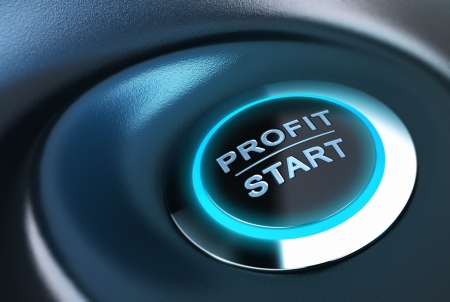 Profit button with blue light  3D render over blue and black background suitable for capital management solution concept の写真素材