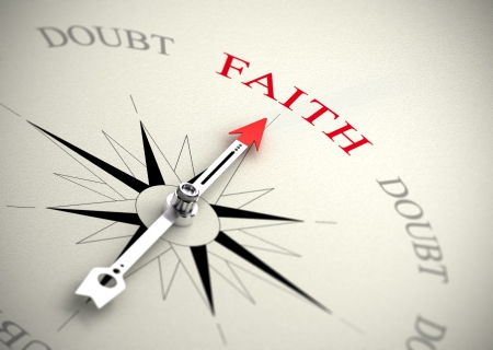 Compass with arrow pointing to the word faith  3D render image suitable for religion or self confidence conceptの写真素材