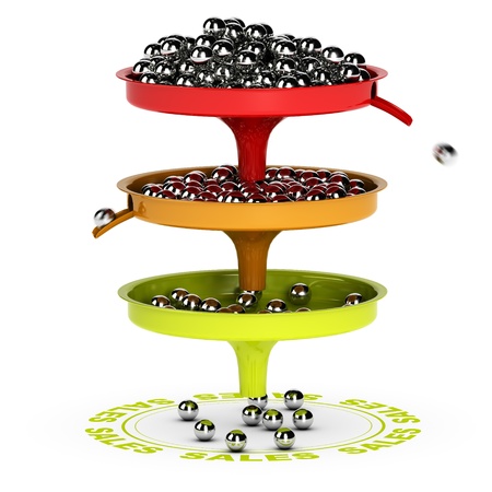 Sales funnel with three levels  Chrome balls and sales target  3D render over white background suitable for business conversion from leads to customersの写真素材