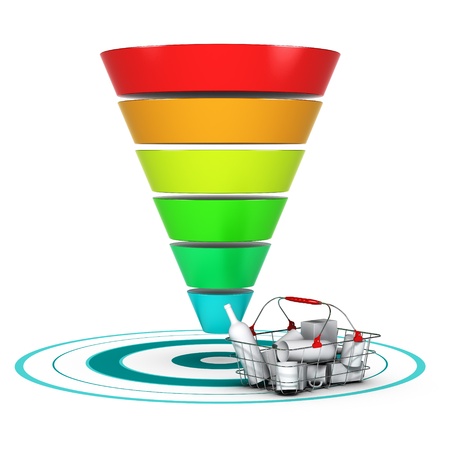 Sales funnel with 6 stages, easily customizable from 3 to 6 levels with a basket and a target. conceptual diagram suitable for marketing or business purpose.  の写真素材