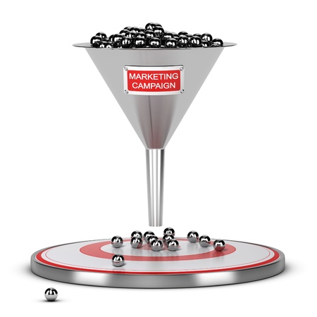 One funnel with a white and red sign and a target on the floor - Abstract schematic 3D render concept image suitable for conceptual illustration of a marketing campaign or marketing audience の写真素材