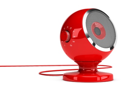 Conceptual red sound speaker over white background including a volume button - 3D render concept design image の写真素材