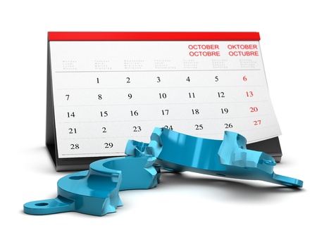 Damaged red sound speaker over white background with calendar at the background - 3D render concept design image suitable for planned obsolescence.の写真素材