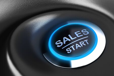 Sales button with blue light  3D render over blue and black background suitable for sales motivation and solution concept の写真素材