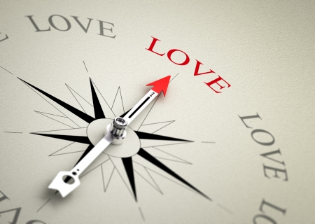 Compass with arrow pointing to the word love  3D render image suitable for love coaching or couselling concept, 3D render with depth of field effect