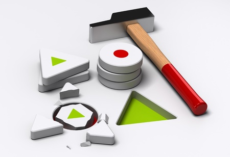 Two different shapes the triangle one is broken inside the cylindrical shape  there is also a hammer  3D render with depth of field effect suitable for stupidity or IQ test conceptの写真素材