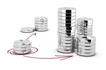Stack of generic coins over white background with arrows pointing the highest pile  Conceptual image for money investmentの写真素材