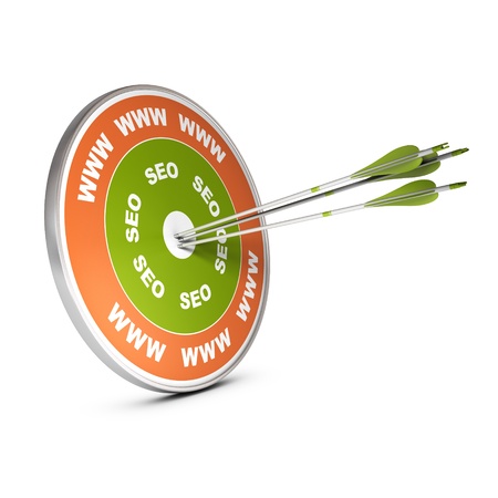 Three arrows hitting the center of a target with www and SEO marking, image over white, concept image for internet strategy purpose の写真素材