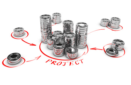 Stacks of generic coins over white background with red arrows pointing the highest pile  Conceptual 3D render for money investment or collaborative finance の写真素材