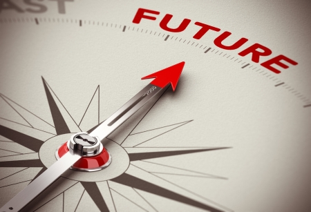 Realistic conceptual 3D render image with depth of field blur effect. Compass with the needle pointing the word future, paper background. Concept for business vision or perspective solutions.の写真素材