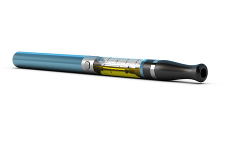 ecigarette over white with yellow e-liquid inside the container, blue toneの写真素材