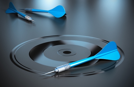 Three blue darts and one target, black background and reflection  Concept of marketing or business objectives の写真素材
