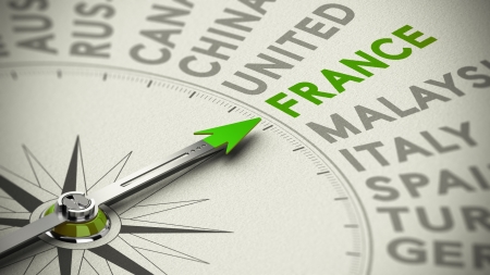 Compass with green Needle pointing the country France, Concept of travel decision making or vacation choice  の写真素材