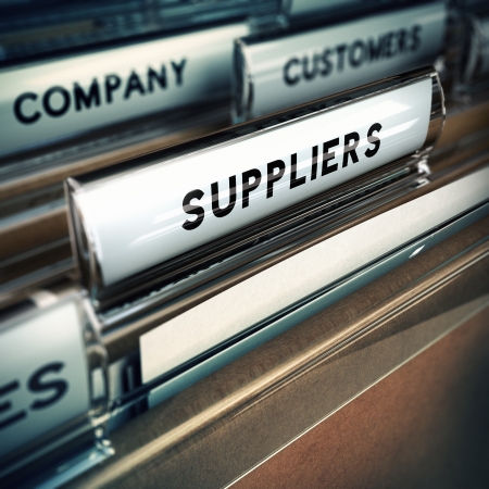 Focus on a folder tab where it is written the word suppliers, 3D render, blur effect の写真素材