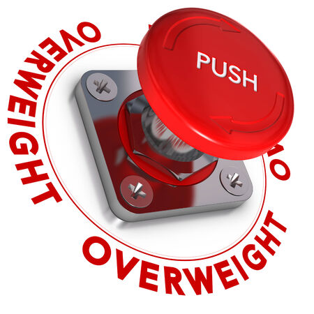 Emergency button with the word overweight written around it, white and red text  Over-weight concept, and decision making  の写真素材