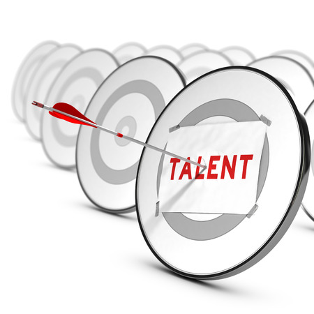 One arrow hitting the center of a grey target  A sheet of paper with the word TALENTS is fixed on it  Many other targets around the main one  Concept of talents recruitment    の写真素材