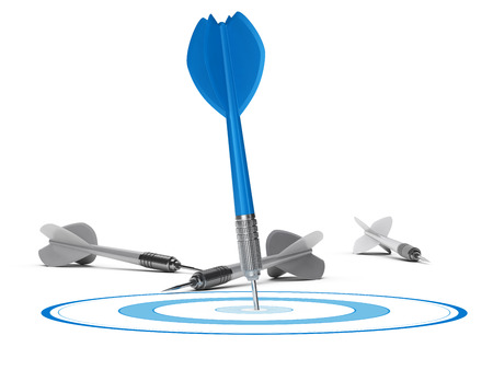 One target and many darts on the floor, one blue dart hits the center of the circle. 3D render concept over white suitable for strategic marketing or competitive advantage.の写真素材